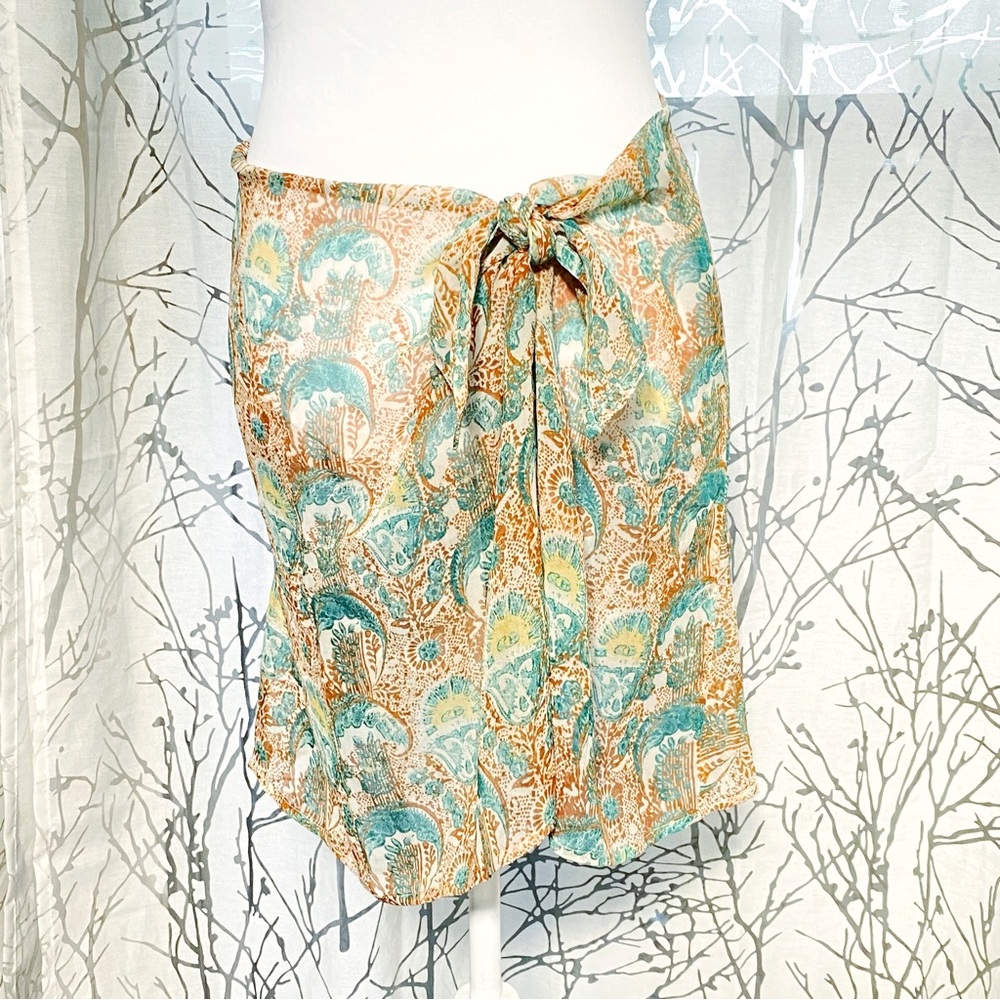 DRIES VAN NOTEN teal green brown white print silk waist tie swim coverup skirt - Picture 1 of 8